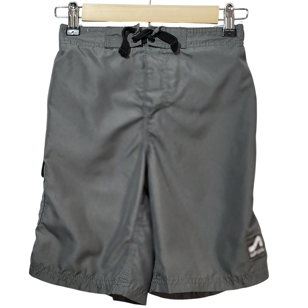 Surf Style Boys Gray Board Shorts Swim Trunks Size 10 Cargo Pocket Mesh Lined